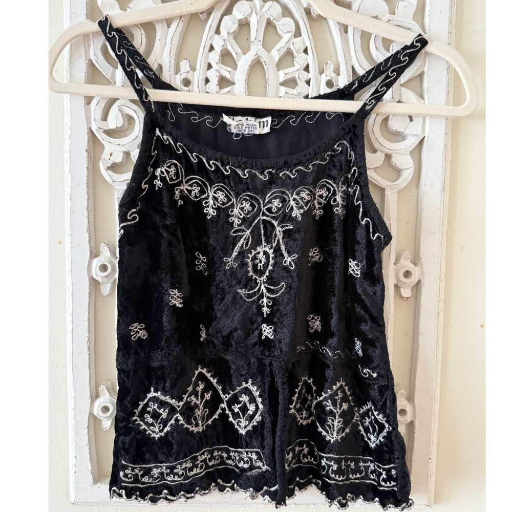 90s‎ VTG Ashim Black Velvet Embroidered Tank Top Sleeveless Bohemian Festival